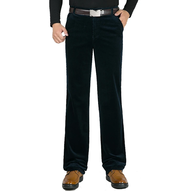 MOGU 2020 Winter New Men's Striped Pants High Waist Loose Corduroy Business Casual Pants Thick Elastic Straight Men's Pants