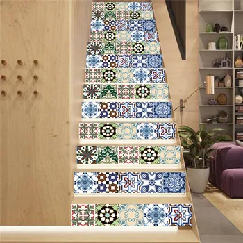 

13pcs Self-adhesive staircase stickers living room DIY tiles blue blue pattern European pattern decoration home waterproof stick