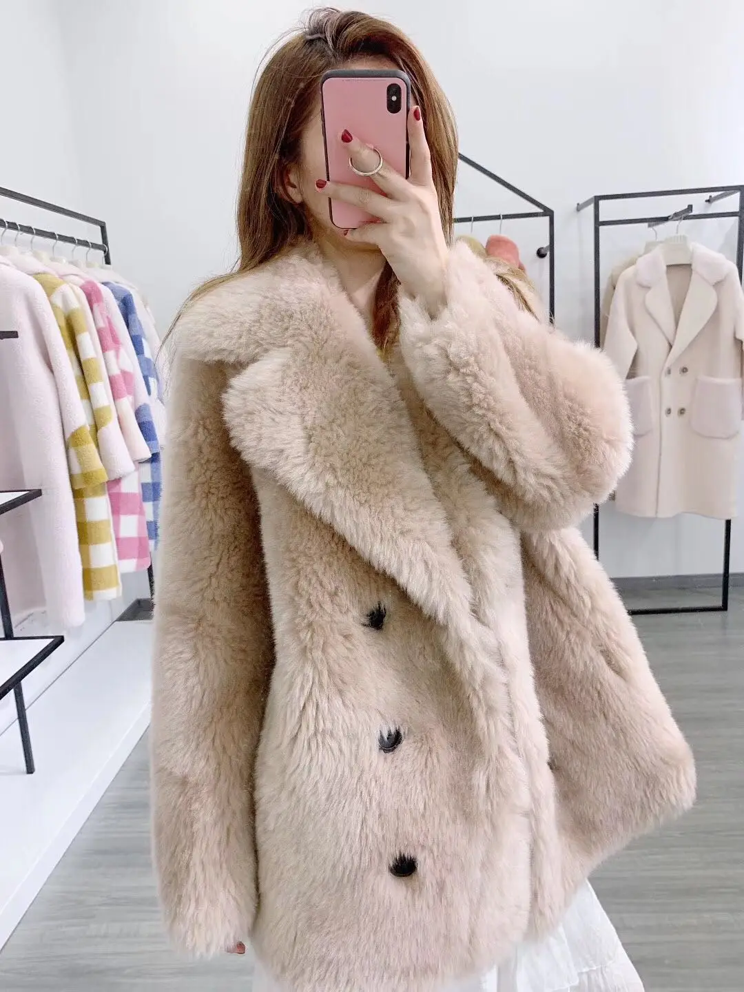 

100% Wool Fur Coat Women Shearling Jacket Long Sleeve Faux Suede Lining Lady's Fur Jacket Super Cheap rf1933