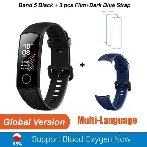 Huawei Honor band 5, смарт-браслет, глобальная версия, кровяный кислород, Смарт-часы AMOLED, huawei, умный Браслет, сердцебиение, ftness, трекер сна - Цвет: EN Black add strap