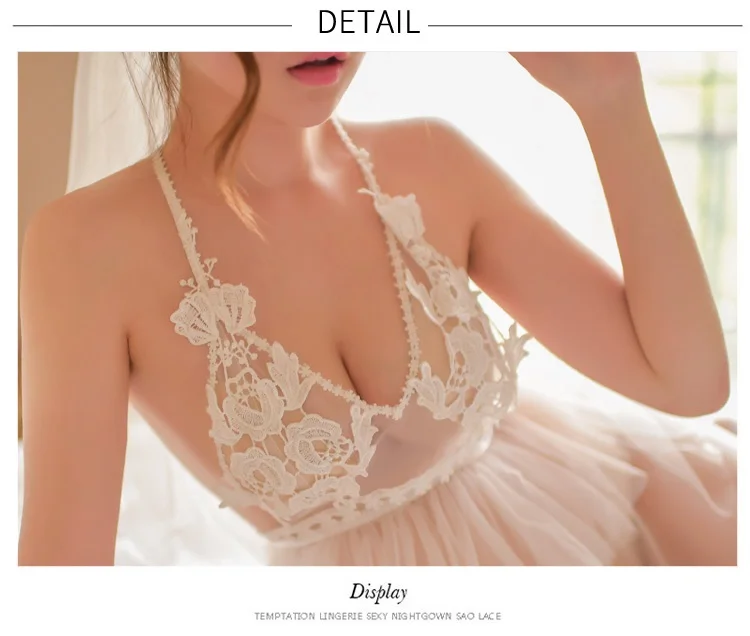 White Princess Bride Sexy Lingerie Women Lace Sling Porno Nightdress Uniform Temptation Sexy Flirt Tulle Turban Sockings Set