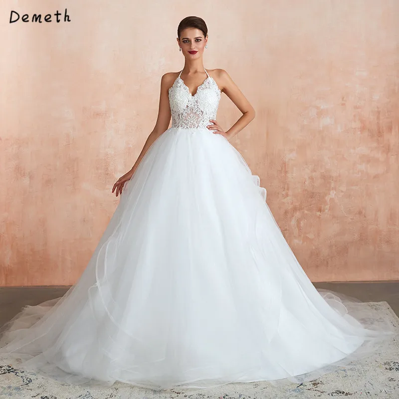 

Backless 2019 Wedding Dresses Halter Lace Boho Wedding Gowns Illusion Robe De Mariee