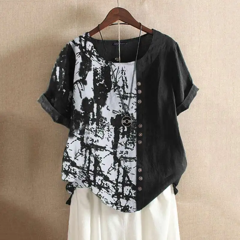 Черный Женская блузка с принтом, ZANZEA Kaftan, Лоскутные Топы, повседневные летние рубашки с коротким рукавом, женские блузы с круглым вырезом размера плюс, сорочка - Цвет: Черный