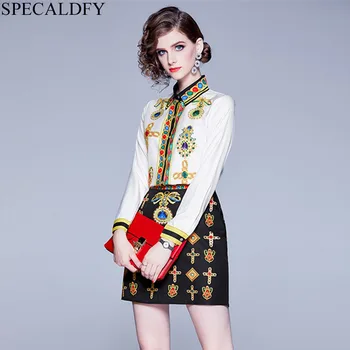 

Runway Designer 2 Piece Skirt Set Women's Long Sleeve Printed Vintage Blouses + Mini Skirts European Two Pieces Set Suit Outfits