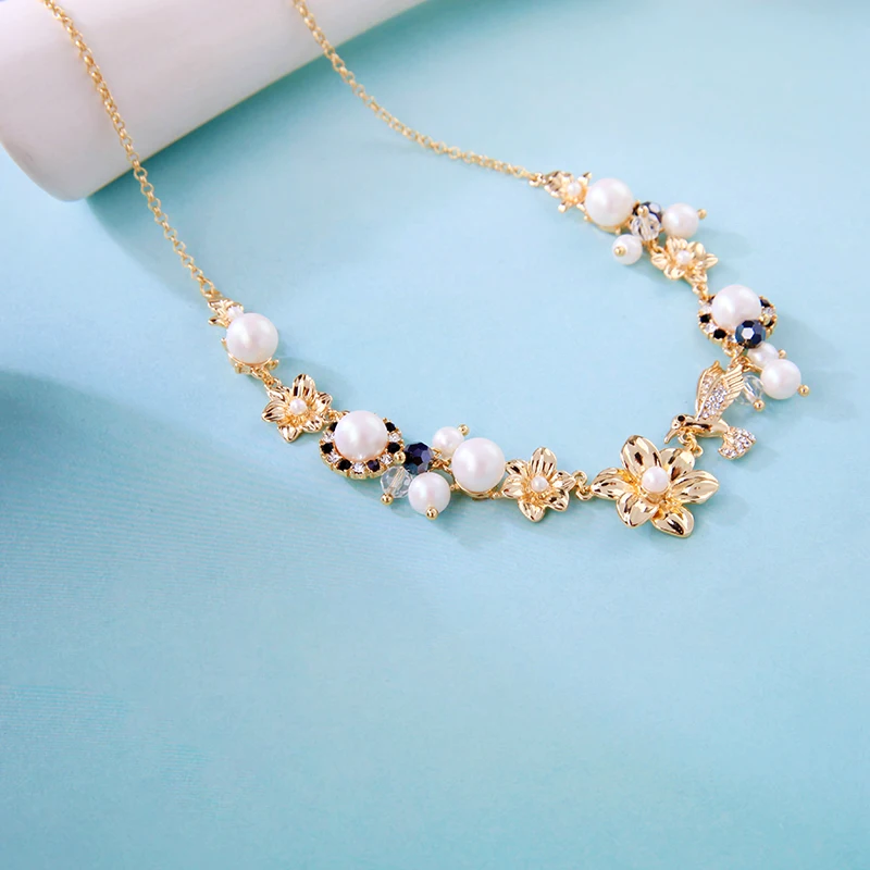 Peace Dove Gold Color Choker Necklaces Crystal Flowers Imitation Pearls Gowns Wedding For Women Fashion Jewelry New Arrival