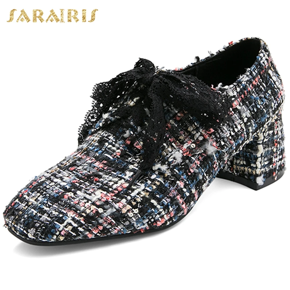 

Karinluna Fashion New Square Toe Mix Color INS Pumps Woman Shoes Lace-Up Chunky Heels Spring/Autumn Shoes Women Pumps