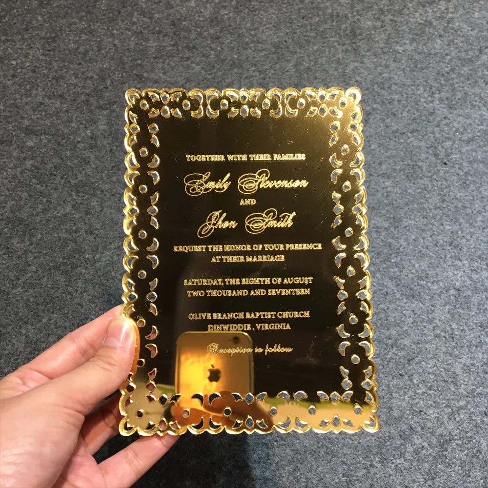  15 Pieces Per Lot Hollow Out Style Golden Mirror Acrylic Invitation Cards Laser Engraved Letters SH - 4.0002E+12