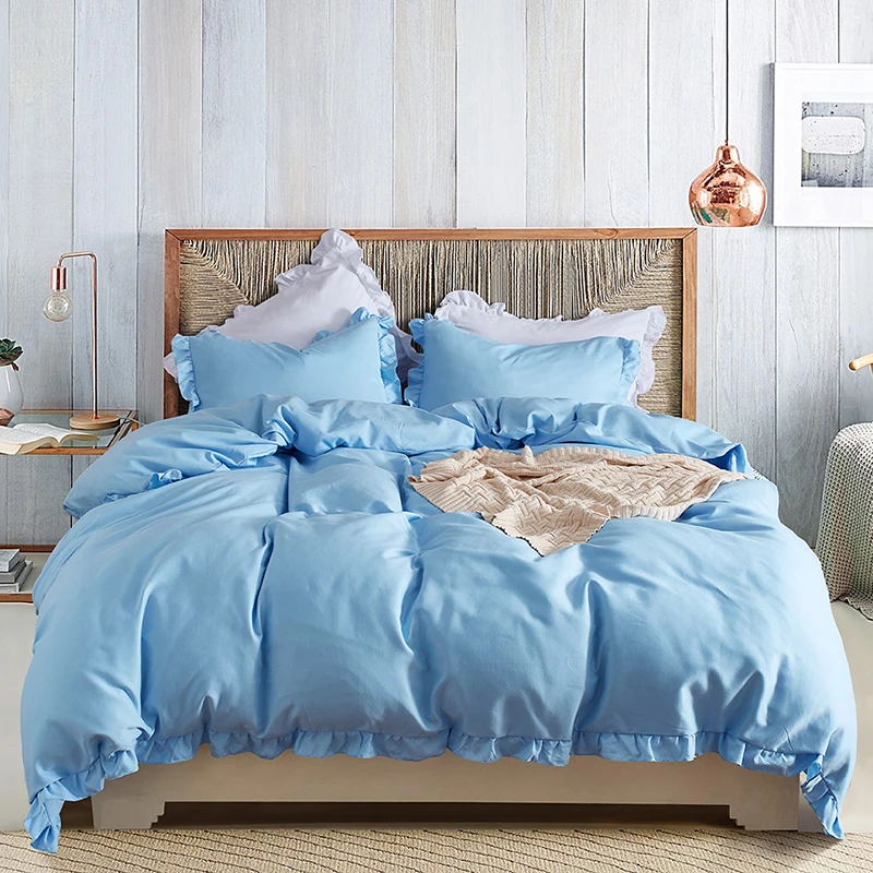

Yimeis Blue Bedding Sets Ruffle Queen Size Bed Sheets Set Solid Color Twin Comforter Sets BE47113