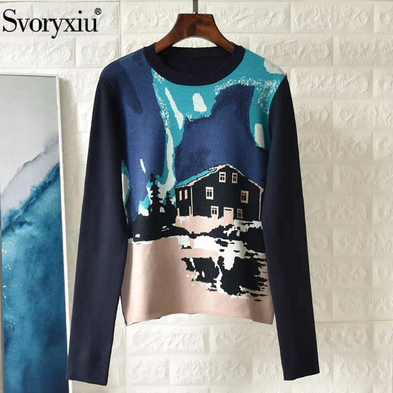 

Svoryxiu Designer Brand Autumn Winter Sweater Pullover Women's Long Sleeve Jacquard Fashion Knitting Pullover Tops Female