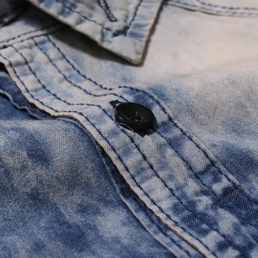 Casual Denim Shirt for Men Cotton Washed Retro color Flower Jeans Men Shirt Long sleeve Blouse Men Blue