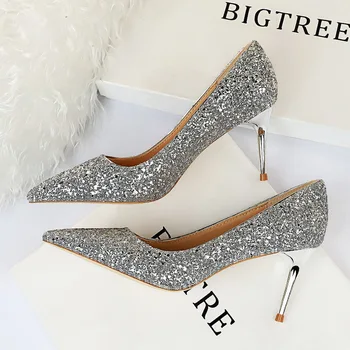 

European And American-Style Sexy & Club Was Thin High Heels Shoes Fine with High Heels Fashion Shine Sequined Shoes