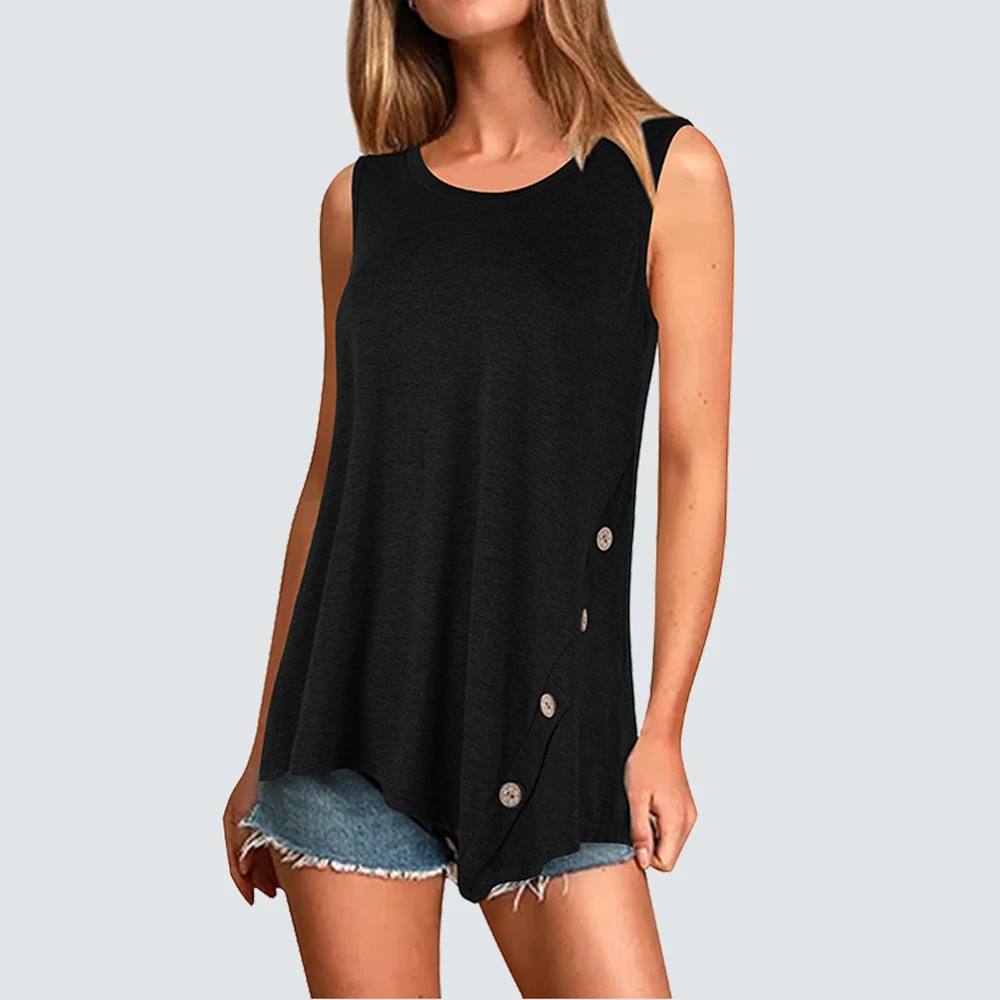 Women Brief Sleeveless Loose T Shirt Summer Casual Wooden button O-Neck soft Tops HT037 | Женская одежда