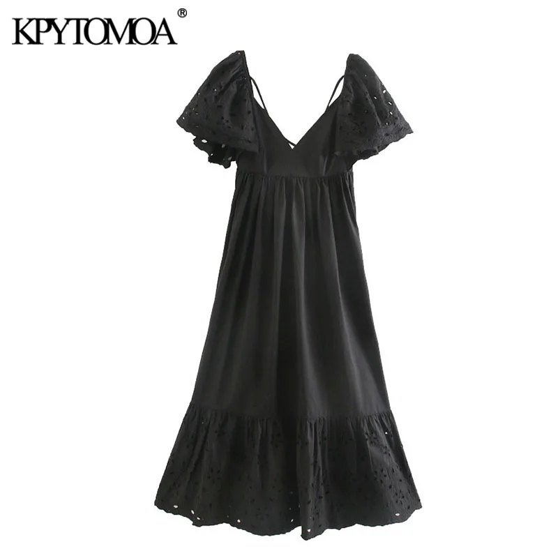 KPYTOMOA Women 2020 Chic Fashion Cutwork Embroidery Midi Dress Vintage Ruffled Sleeves Back Crossed Thin Straps Female Dresses KPYTOMOA Women 2020 Chic Fashion Cutwork Embroidery Midi Dress Vintage Ruffled Sleeves Back Crossed Thin Straps Female Dresses