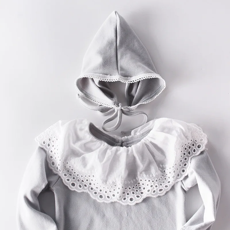 Koodykids/Боди для маленьких девочек; весенние комбинезоны со шляпой; детские кружевные комбинезоны; Осенняя детская модная одежда розового и серого цвета с длинными рукавами