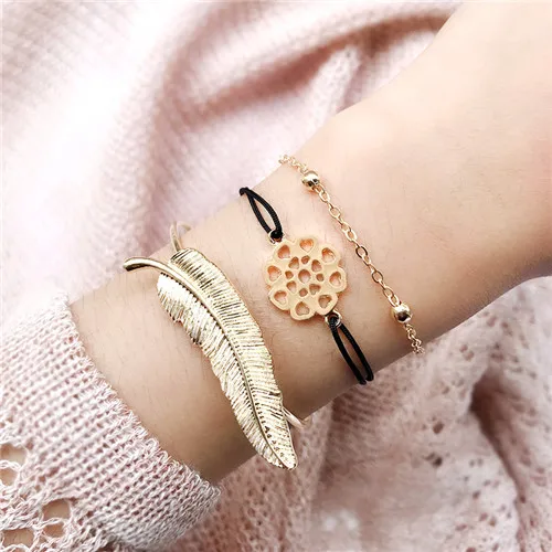 Wukalo 5 шт./компл. Boho Для женщин Ананас Ленточки сердце кокосовой пальмы цепи кожаный браслет с бусинами комплект ювелирных изделий Очаровательные модные аксессуары - Окраска металла: 83076