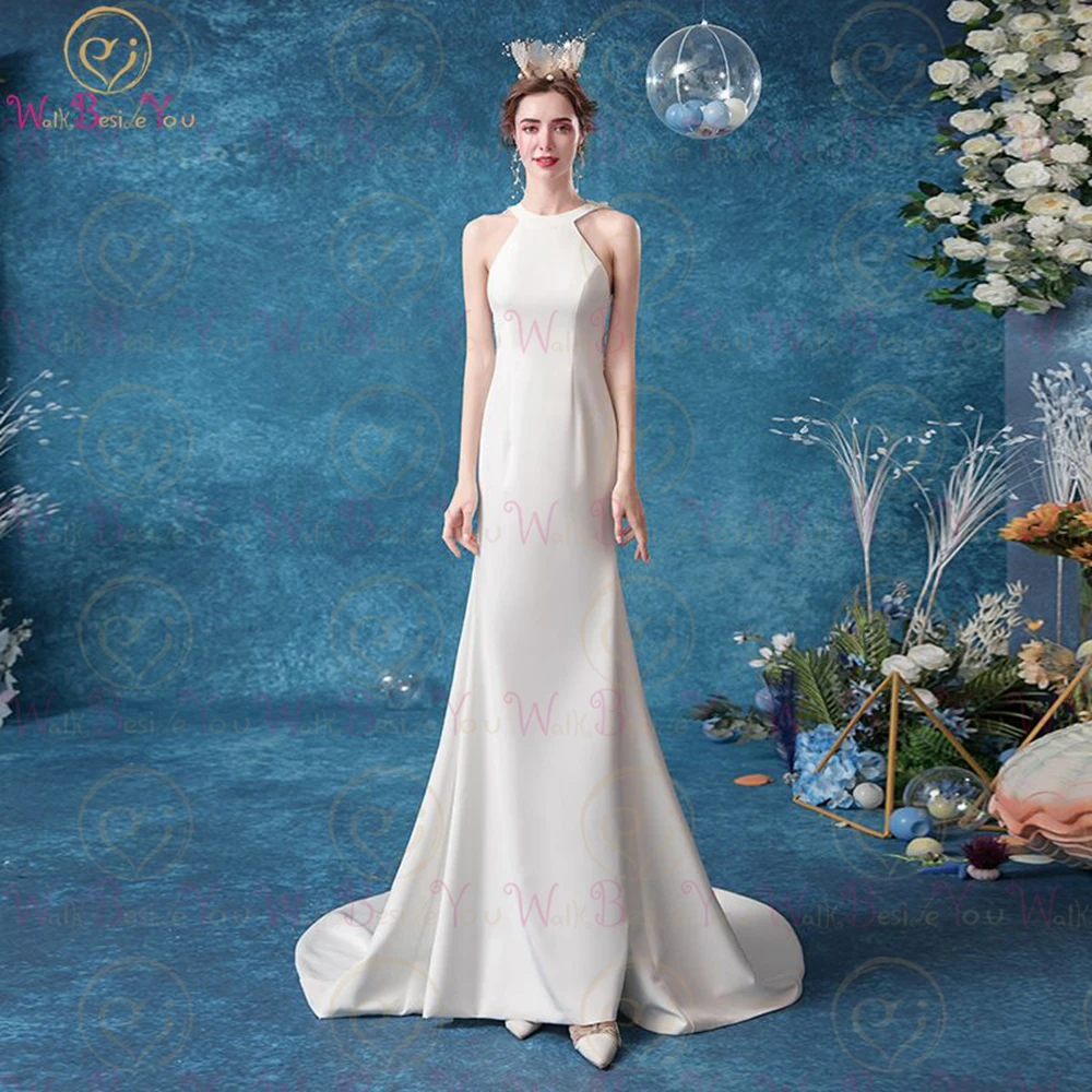 

Elegant Wedding Dresses Mermaid 2020 Siren Cut Long Sleeveless Halter Satin Sleevelss Lace Applique Court Train Bridal Gowns