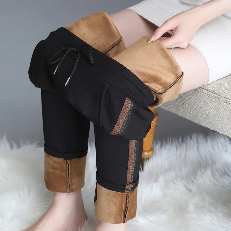 

2020 Women Winter Warm Pants High Waist Elastic Skinny Thicken Velvet Trousers Female Stripe Mom Stretch Pencil Pants Plus Size
