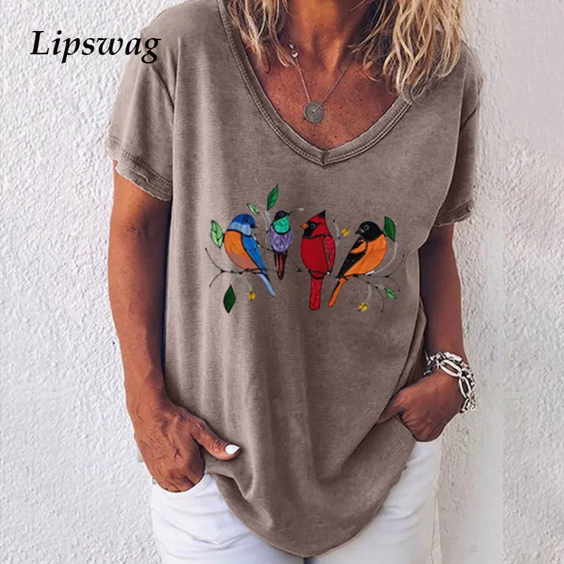 Блузка женская с принтом птиц элегантный пикантный топ V-образным вырезом