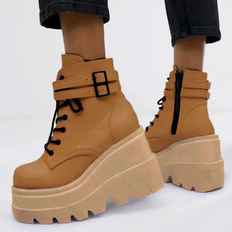 Fashion High Platform Boots Leather Wedges Ankle Women 2021 New Female Punk Style Heels Shoes for Woman Goth | Обувь