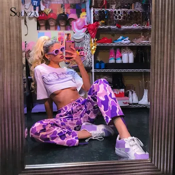 

Camouflage Straight Pants Women Harajuku High Waist Purple Knitted Harem Pants Ladies Loose Ankle-Length Sweatpants Trousers