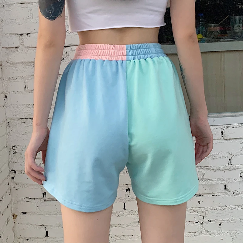 Kpop Macaron Colorblock Elastic High Waist Casual Straight Shorts Summer Activewear Women Loose Cute Sports Shorts