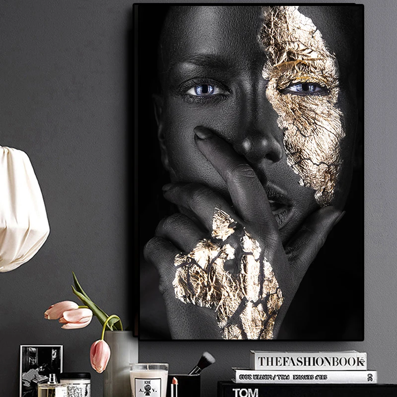 

African Art Black and Gold Woman Oil Painting on Canvas Cuadros Posters and Prints Scandinavian Wall Art Picture for Living Room