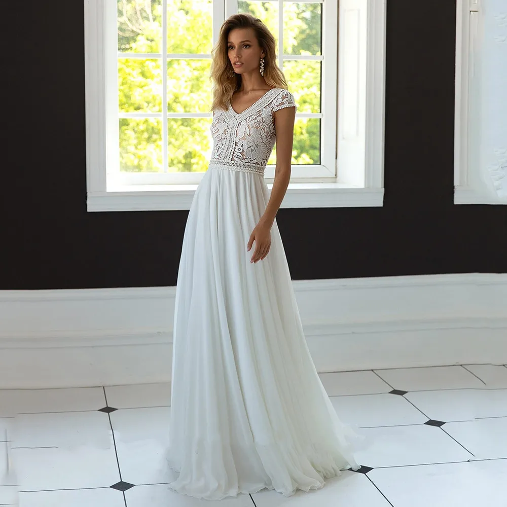 dresses for wedding Boho White Wedding Dress Bohemian V Neck Short Sleeves See-through Top Chiffon A Line Beach Ivory Bridal Gowns Robe De Mariee vintage wedding dresses