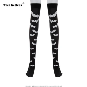 

When We Retro Halloween Skeleton Long Knee High Socks Costume Bat Dot Print Haloween Cosplay Soft Stocking QY0602
