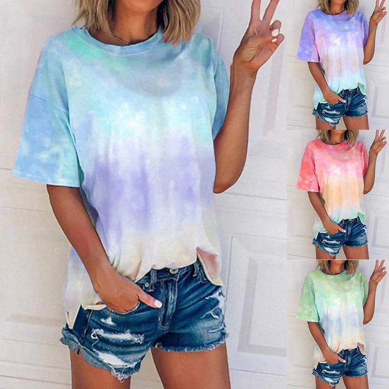 New 2020 Summer Sexy Tie Dye Print Short Sleeve T Shirt O-neck Gradient Color Tee Shirt Women Streetwear