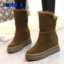 Женские ботинки на платформе; зимние теплые меховые сапоги на танкетке; зимние сапоги из искусственной замши; ботильоны на молнии; зимняя обувь; женская обувь