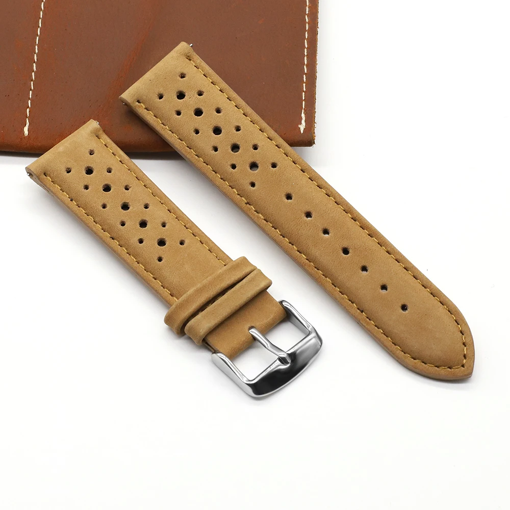 Vintage Handmade Racing Leather Watch Strap - Breathable Porous Design in Gray, Black, Brown, and Blue
