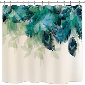 

Watercolor Peacock Feather Shower Curtain Bathroom Teal Blue Turquoise Floral Home Decor Fabric Shower Curtain Set Woman