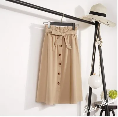 Бежевый Free Shipping Summer Korean Midi Skirts Women A-Line Jupe Femme Skirts with Button Women Bule Khaki Skirt Pink 6 Colors - Цвет: Бежевый