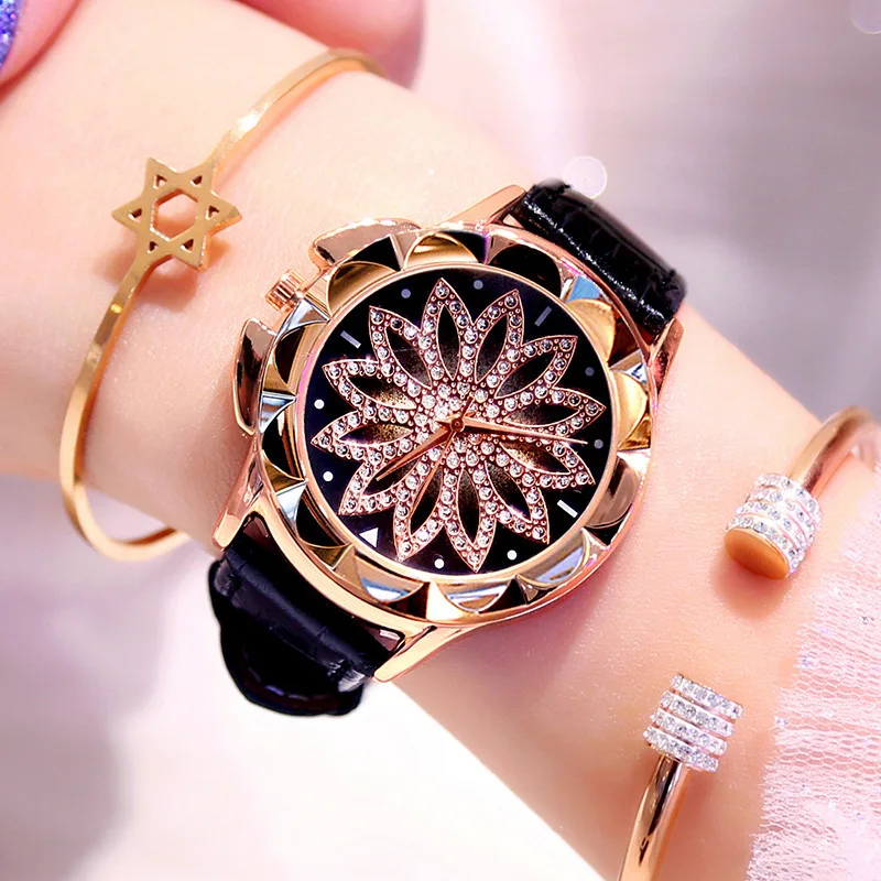 1 шт. горный хрусталь Для женщин кварцевые женские часы кожа большой циферблат цветок с алмазными кристаллами часы браслет Наручные часы - Цвет: Черный