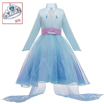 

New 2020 Ice and snow 2 princess dress printed net yarn trailng long girls dress Long-sleeved children's clothing