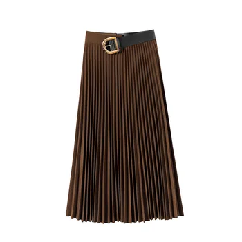

2020 autumn winter women pleated long skirts patchwork gold buckle high waist fashion black skirts brown top quality