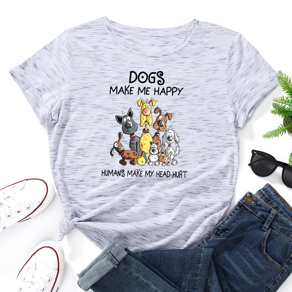 Dogs Make Me Happy Humans My Head Hurt Womens Short Sleeve T Shirts Graphic Tops Crewneck Cotton Summer Tee | Женская одежда