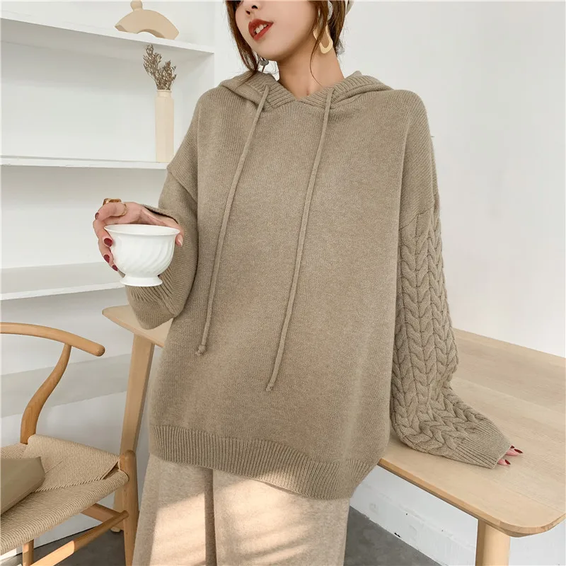 LANMREM women hooded twist knitted woolen pullover