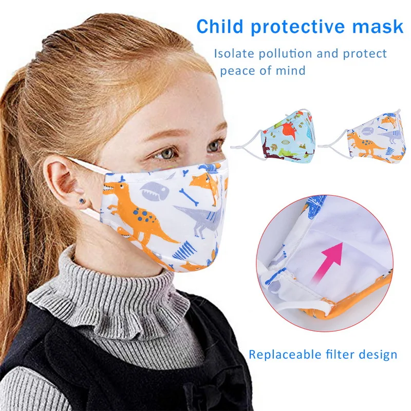 

1Pcs PM2.5 Children Mask Cartoon Dinosaur Printing Cotton Washable Reusable Anti Fog Dust Mask Fits 2-10 Years Old Kids