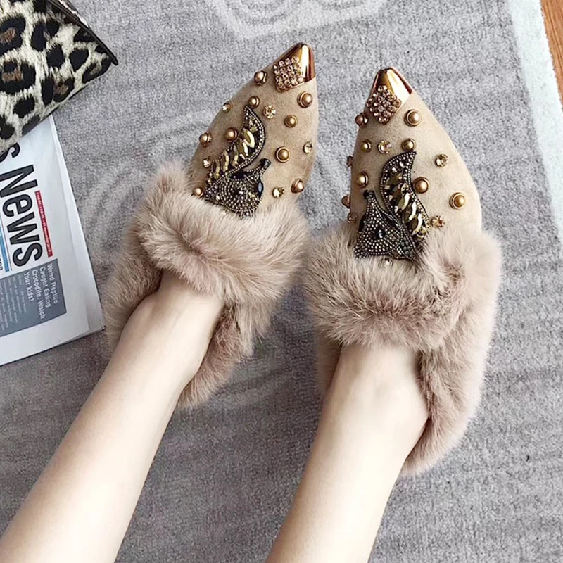 

Women's Fur Slippers Fashion Rivet Pointed Wedge Rabbit Fur Rhinestone Fox Cute Women's Shoes Women's Loafers Muller Slippers
