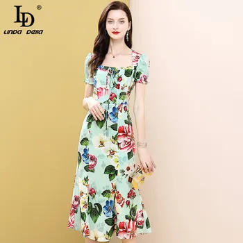 

LD LINDA DELLA 2020 Summer Fashion Runway Elegant Dress Women Multicolor Floral Print Boho Holiday Ladies Midi Dress Vestoidos