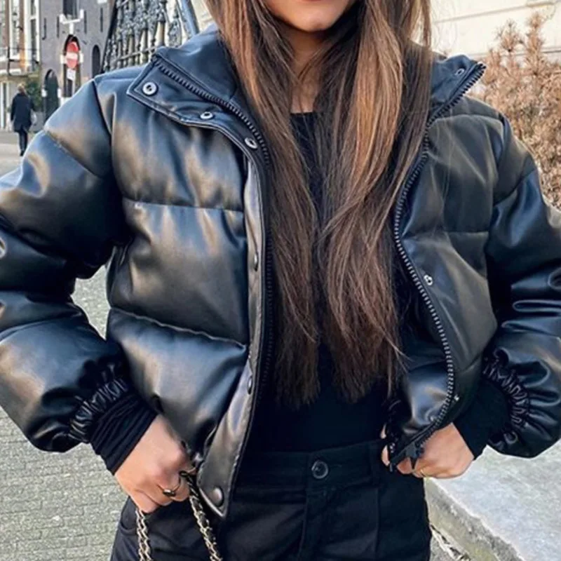 

Winter Women's jacket Warm Short Parka Female Fashion Black PU Leather Coats Ladies Elegant Zipper Cotton Jackets Women