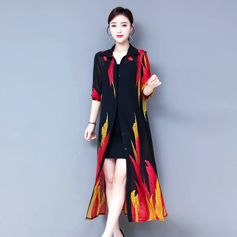 TingYiLi Summer Cardigan Long Chiffon Blouse Shirt Korean Elegant Long Sleeve Ethnic Print Kinomo Cardigan Women 5
