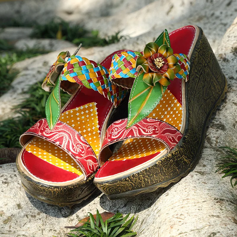 

Genuine Leather Women's Shoes Flower Slipper Leisure Time Beach Shoes
