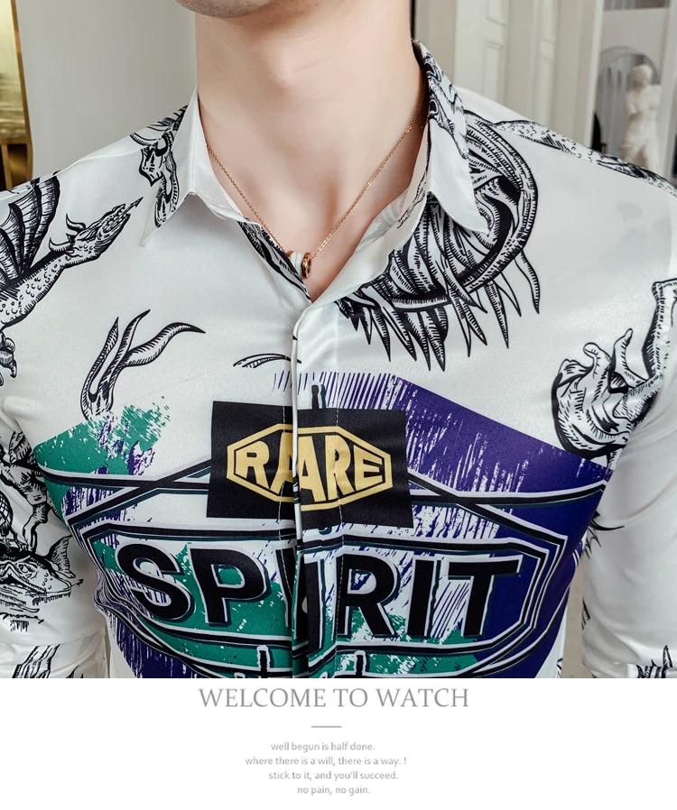 Chemise homme, Качественная мужская рубашка, весна, с принтом, дизайнерская рубашка с надписью, Мужская Уличная одежда с длинным рукавом, облегающие рубашки