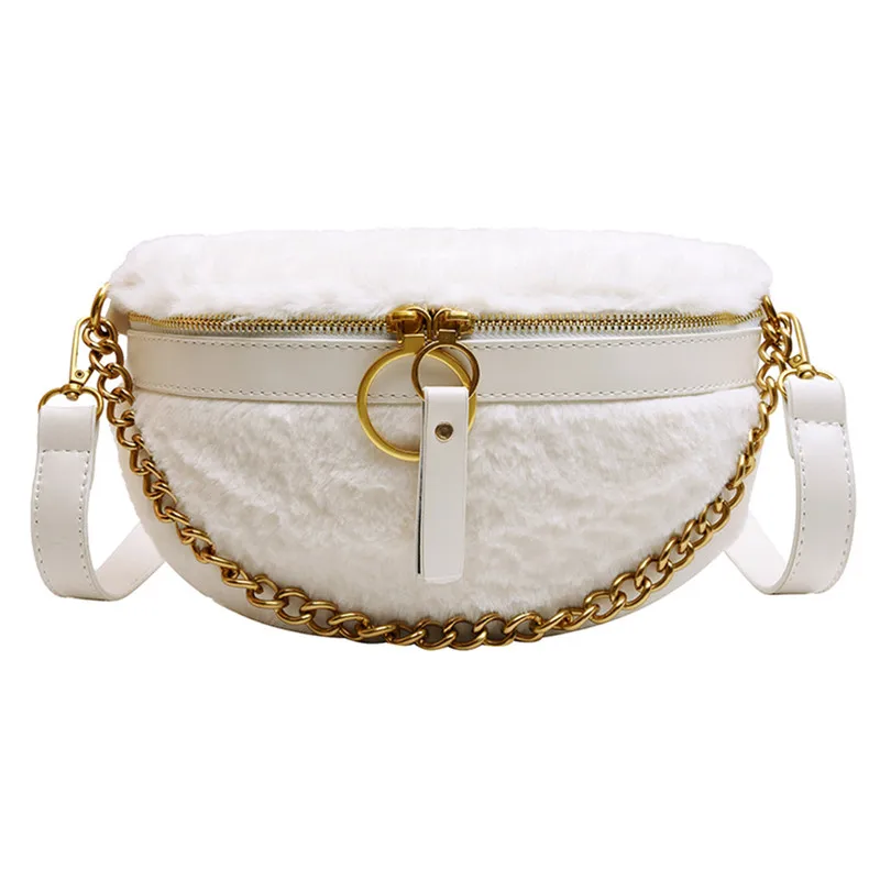 Белый Wool Plush Waist Bags Women Money Belt Bags Luxury Design Ladies Chain Waist Packs Purse Female Shoulder Fanny Bags#40 - Цвет: Белый