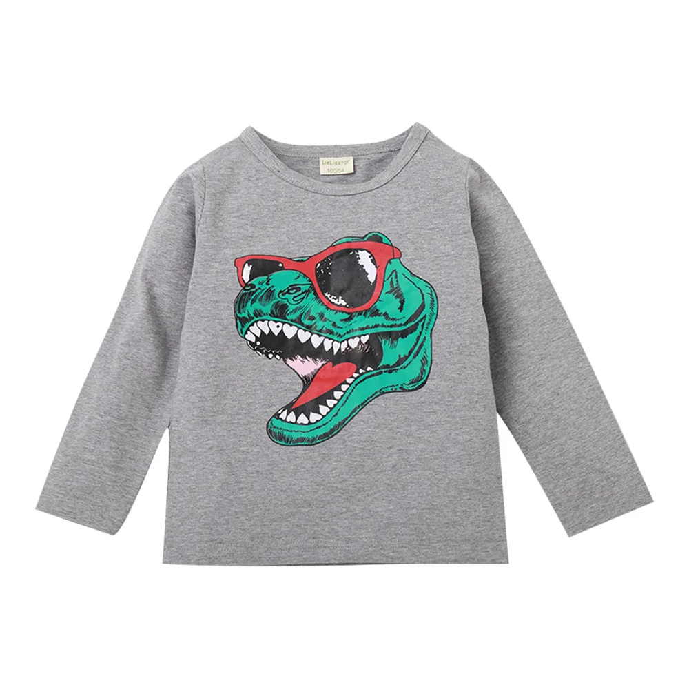 HereNice/детская футболка; топы с забавным динозавром; черная одежда; одежда с длинными рукавами; футболки для маленьких мальчиков и девочек - Цвет: Серый