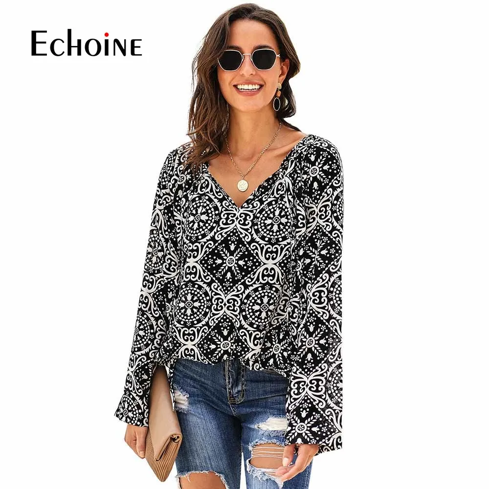 

quality Fashion Autumn Print Chiffon Womens 2019 New Deep V-neck red black Tops And Blouses Long Sleeve Woman Plus Size shirts