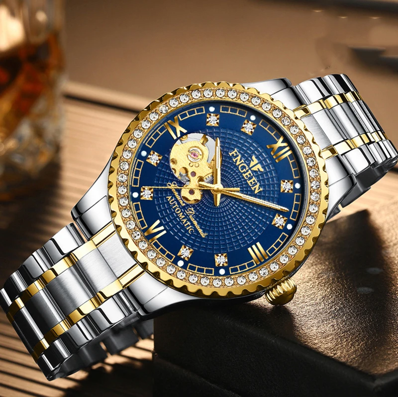 FNGEEN-Reloj de pulsera para hombre, con espejo de cristal recubierto, tallado hueco, dorado, automático, mecánico, estilo británico, resistente al agua - Imagen 2