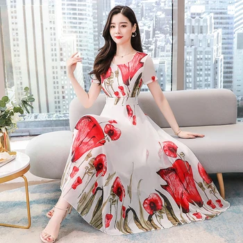 

COIGARSAM Print Women dress New Summer Chiffon High Waist Dresses White Red Black 9812